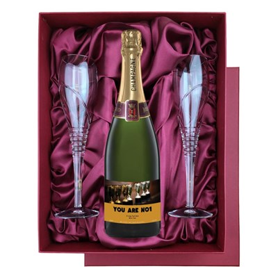 Personalised Champagne - Cup Label in Red Luxury Presentation Set With Flutes